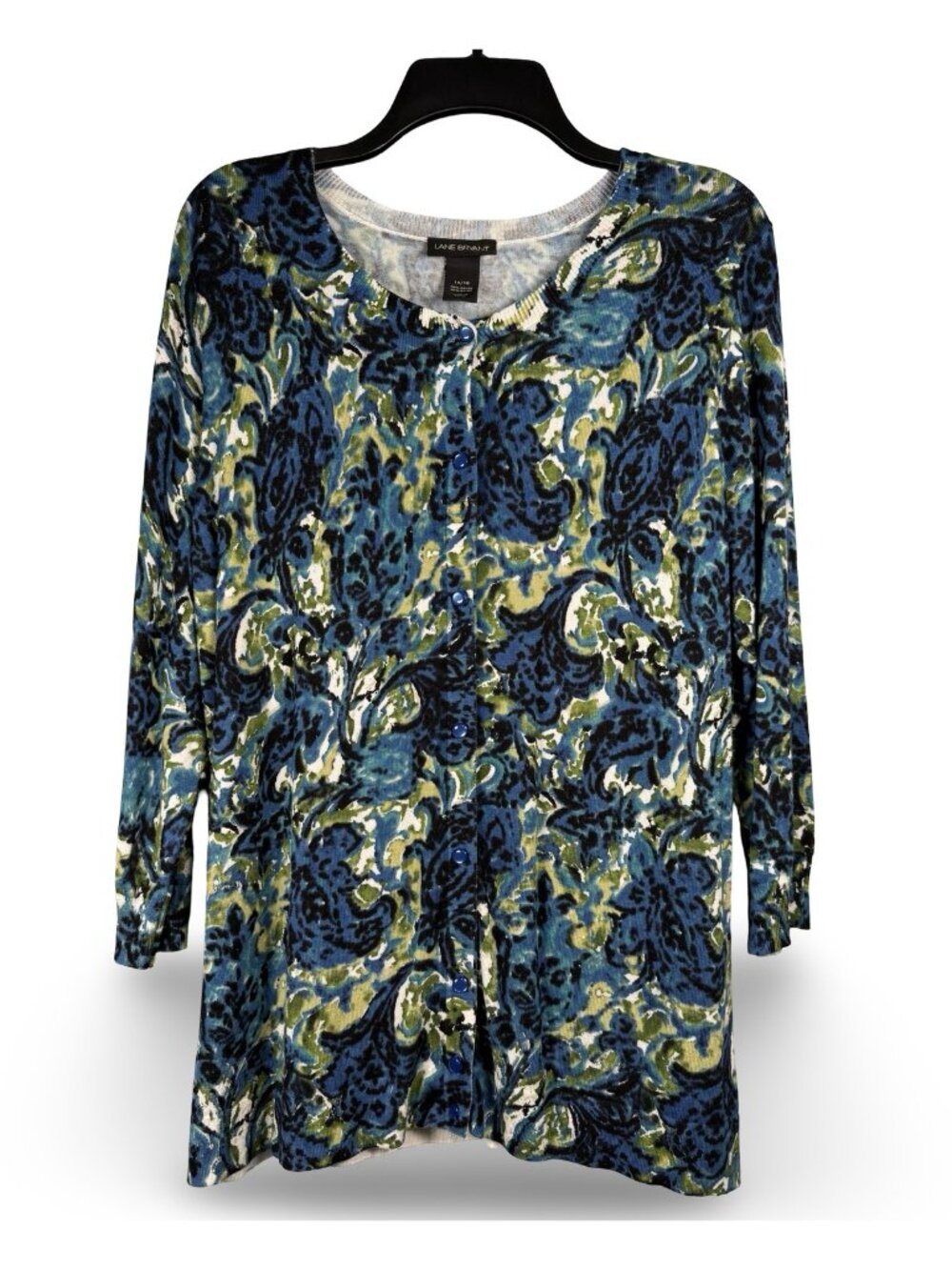 Lane Bryant Abstract Floral Cardigan Plus 14/16 Blue Green Button Up 3/4 Sleeve
